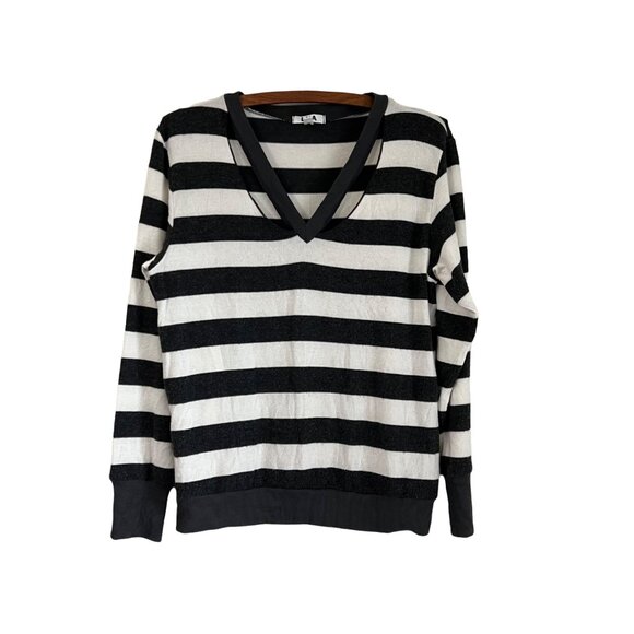 LNA Gray White Striped Vneck Cut Out Long Sleeve Pullover Sweater Size XSmall - Picture 1 of 6